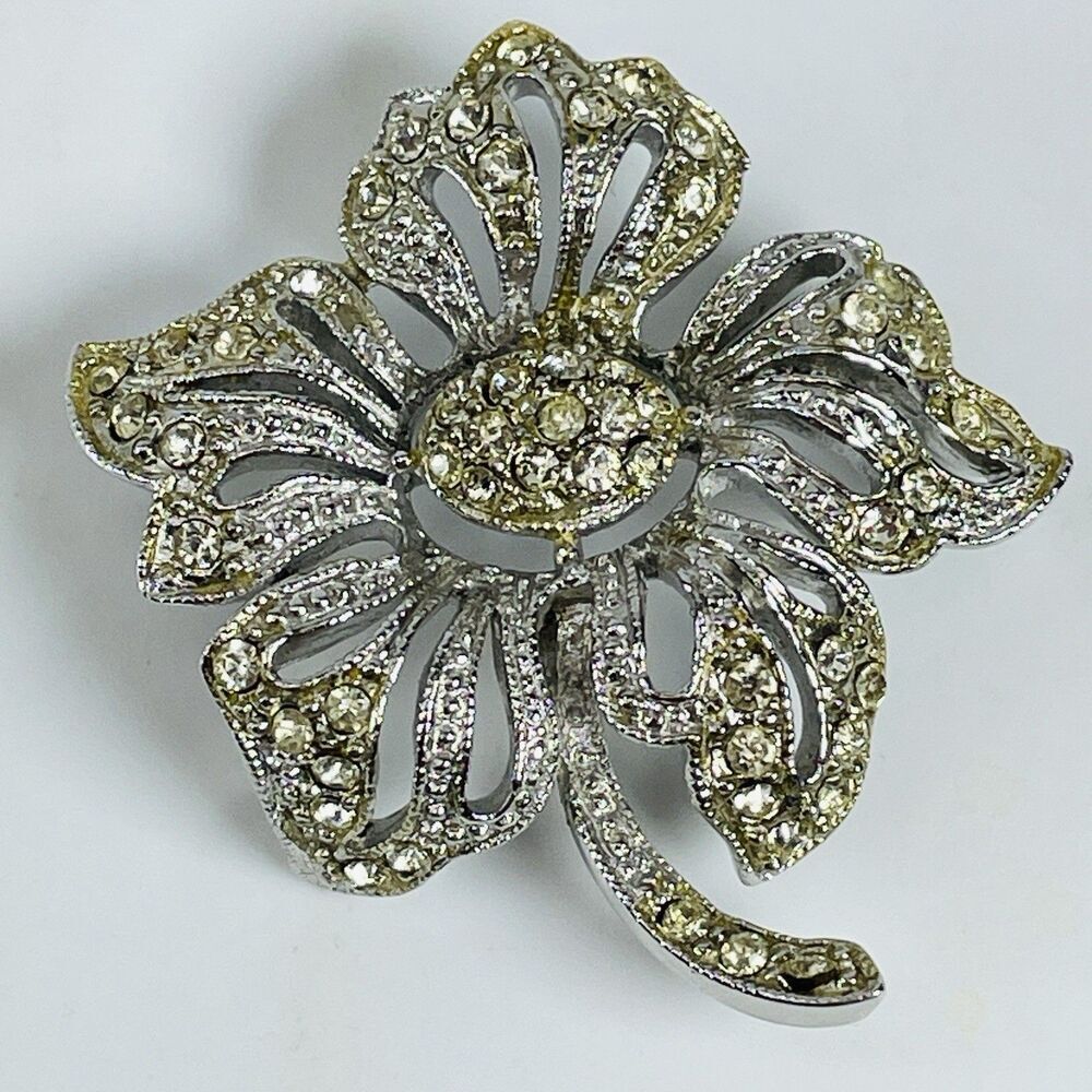 Signed HEDY Flower Brooch Pin 1.5" Sparkling Vintage Rhinestone Two Toned Pave